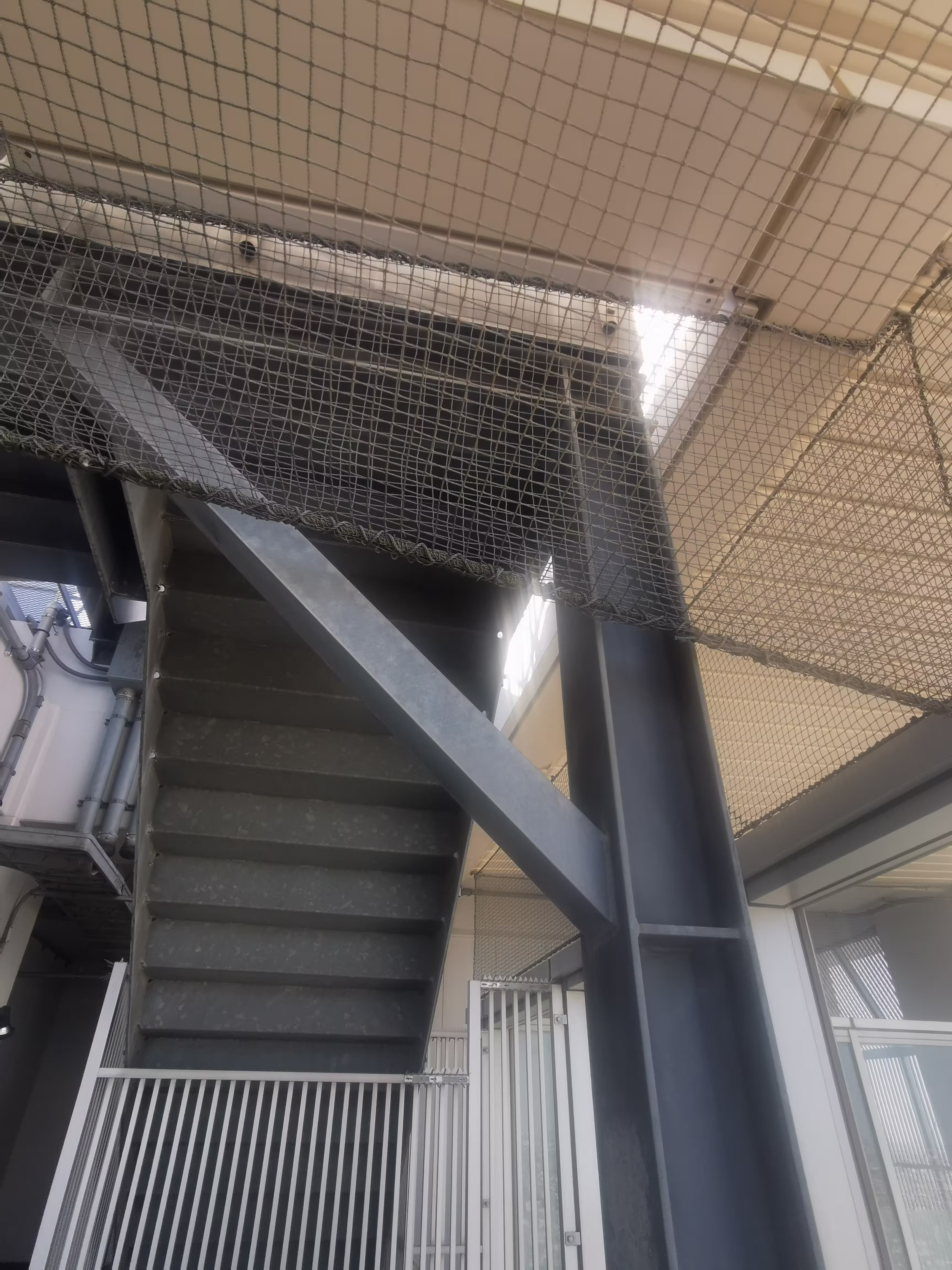 Barandillas metálicas y malla de seguridad de escalera industrial